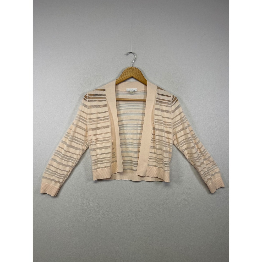 Balletcore Calvin Klein Womens Sm Peach Sheer Striped Open Front‎ Cardigan Shrug